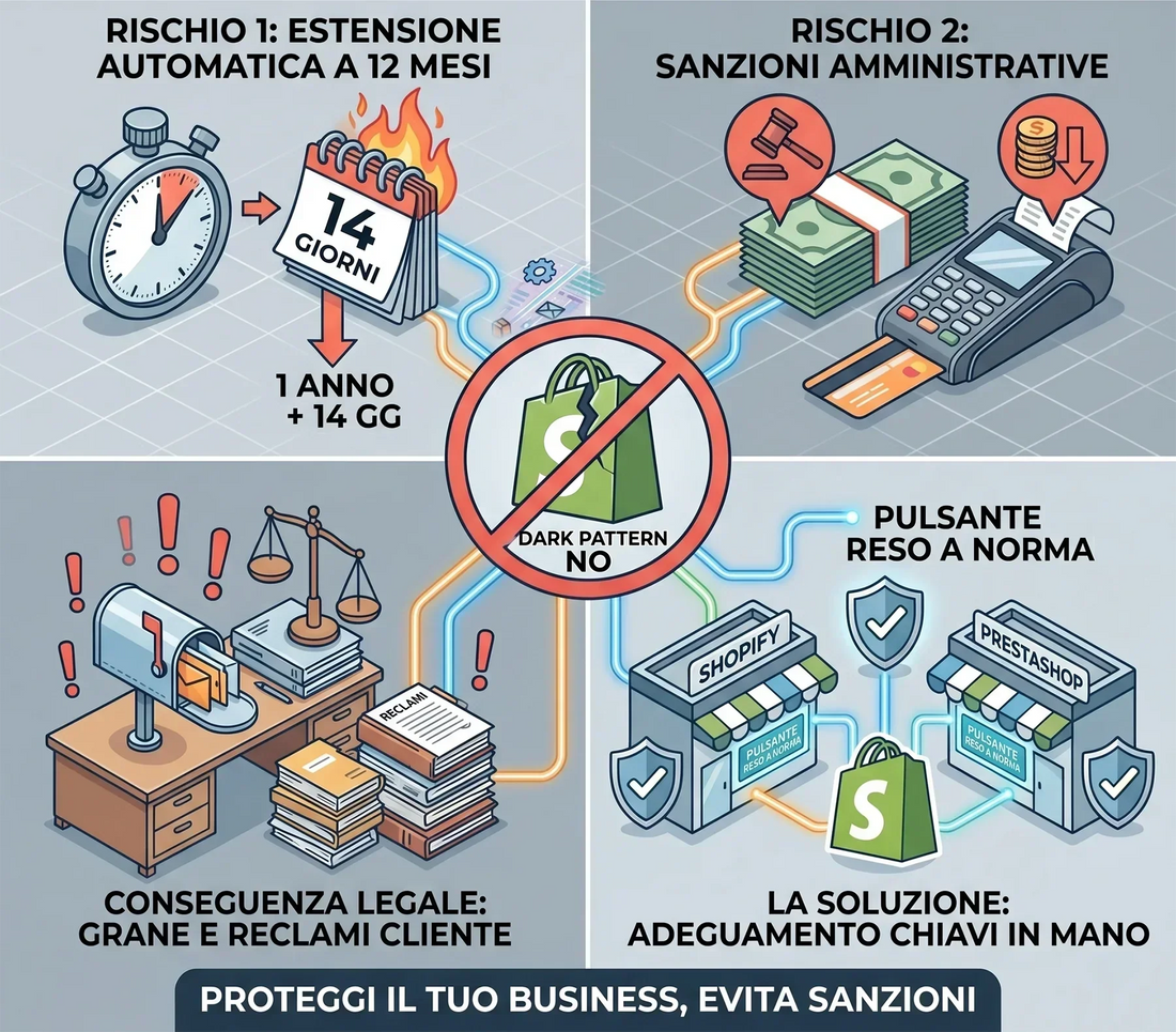 Nuova legge e-commerce: dal 19 giugno scatta l'obbligo del "Pulsante di Reso". Cosa rischia il tuo store Shopify o PrestaShop